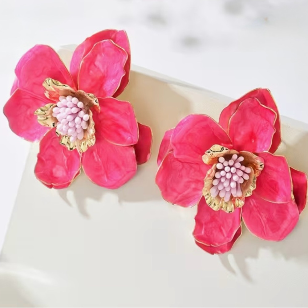 Bold Pink Floral Earrings - Picture 1 of 2